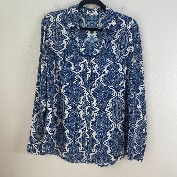 Express Portofino Shirt Womens Large Original Fit Blue White Roll Tab Sleeve Top - Picture 1 of 7